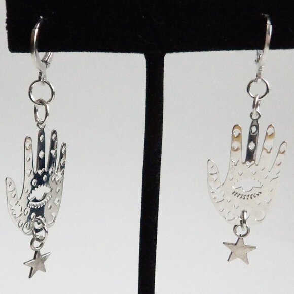 Hand of Fate Evil Eye Protection Dangle Earrings Silver Tone Hamsa Style NEW - Picture 5 of 7